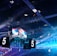 A large indoor arena is equipped with advanced lighting and audio systems. Suspended above the space are numerous digital displays showcasing numbers. The environment is filled with blue illumination and spotlights creating a vibrant atmosphere.